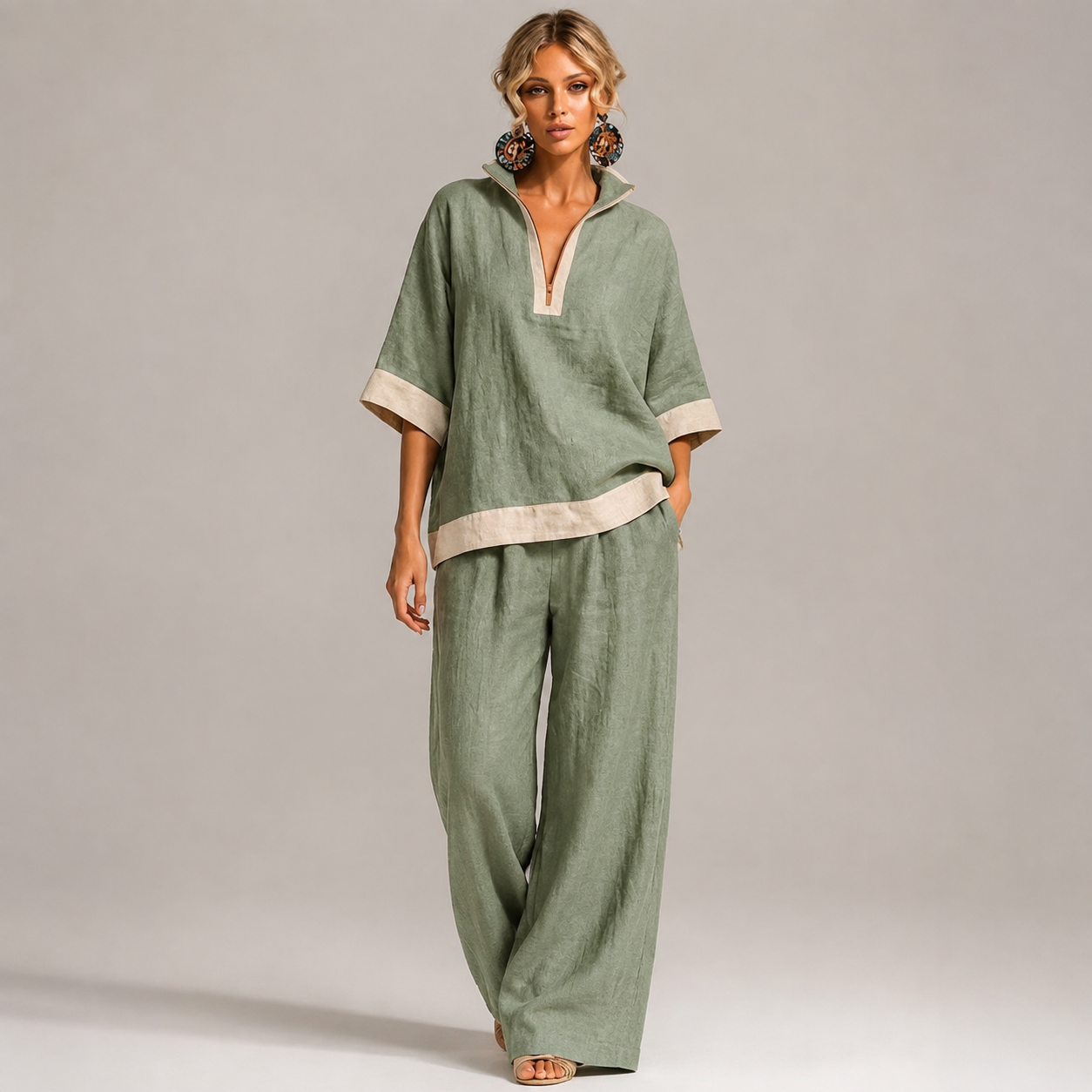 DÉSTOCKAGE FINAL – Lot de 12 à seulement 36,99 € – Ensemble femme avec haut à col fendu contrasté et pantalon large - 4 pièces Bordeaux/Rose poudré – 26,99 €