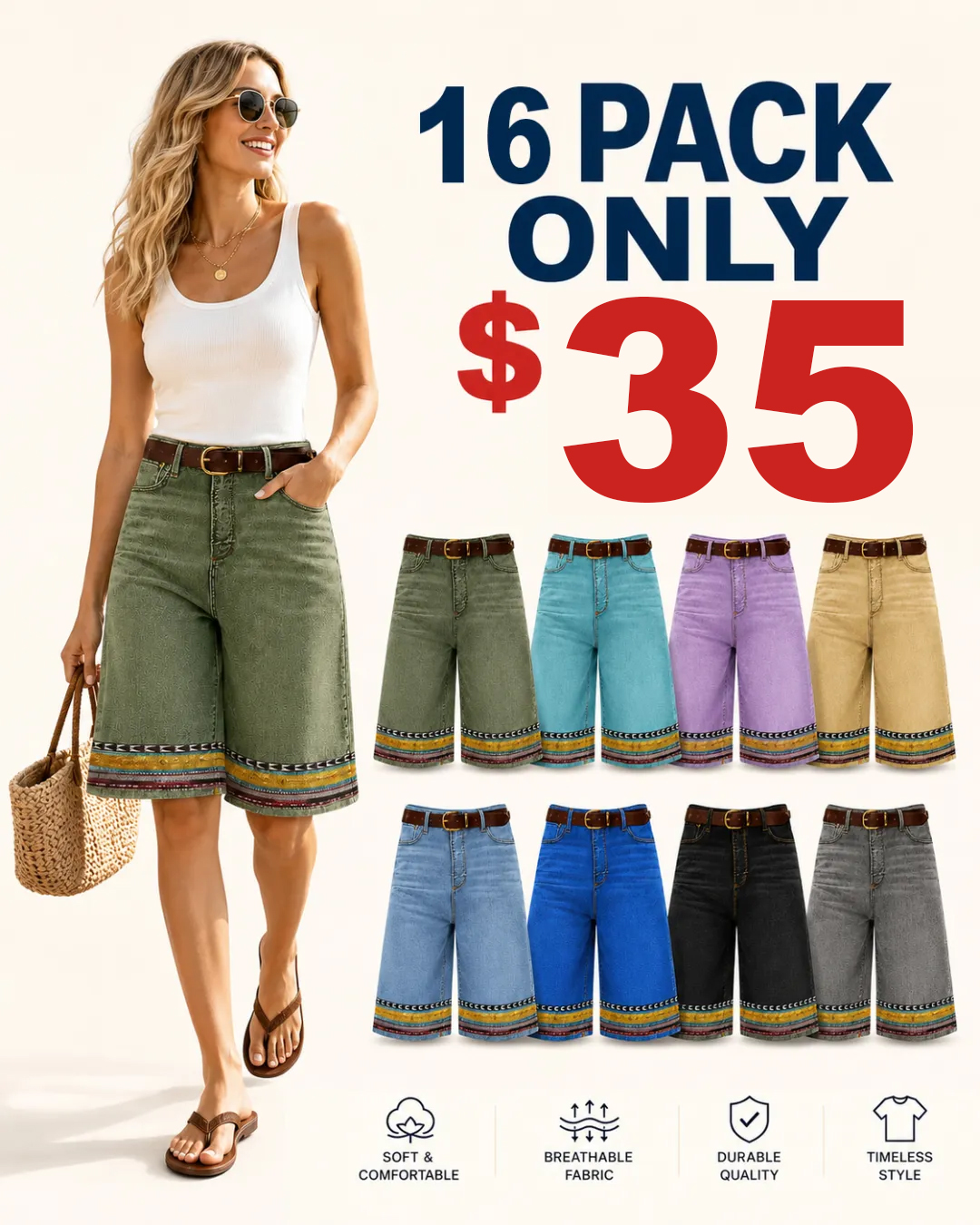 ⏰Store Closing Clearance⚡8 Pack for $29⚡Women’s Printed Hem Denim Bermuda Shorts