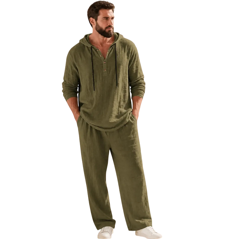⏰Clearance Sale⚡10-Sets Only €39.99 ⚡ Two-Piece Linen Set with Hooded Henley Top and Relaxed Trousers