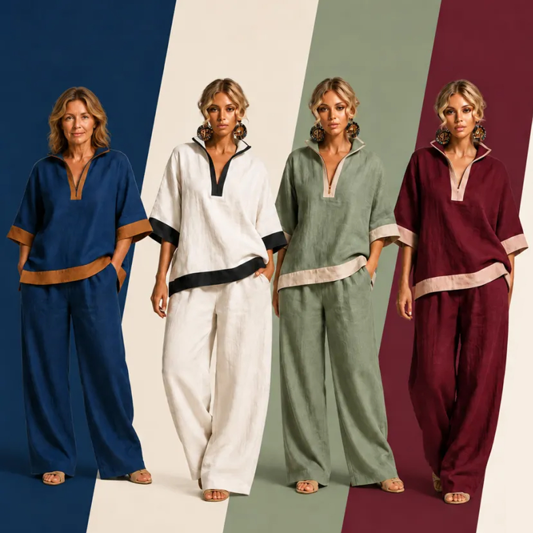 ⏰Clearance Sale⚡12-Sets Only $38.99⚡Women’s Contrast Split-Neck Top & Wide-Leg Pants Set