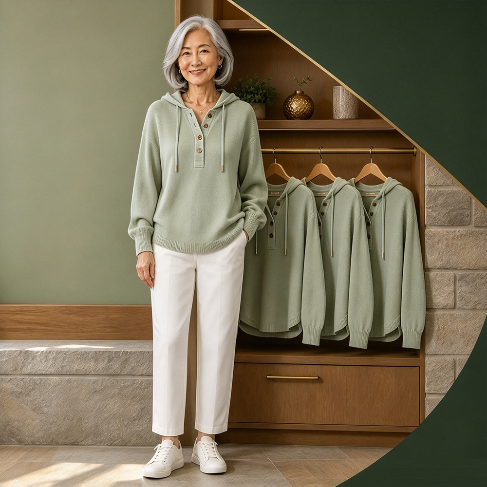 Women's Relaxed Button-Placket Knit Hoodie