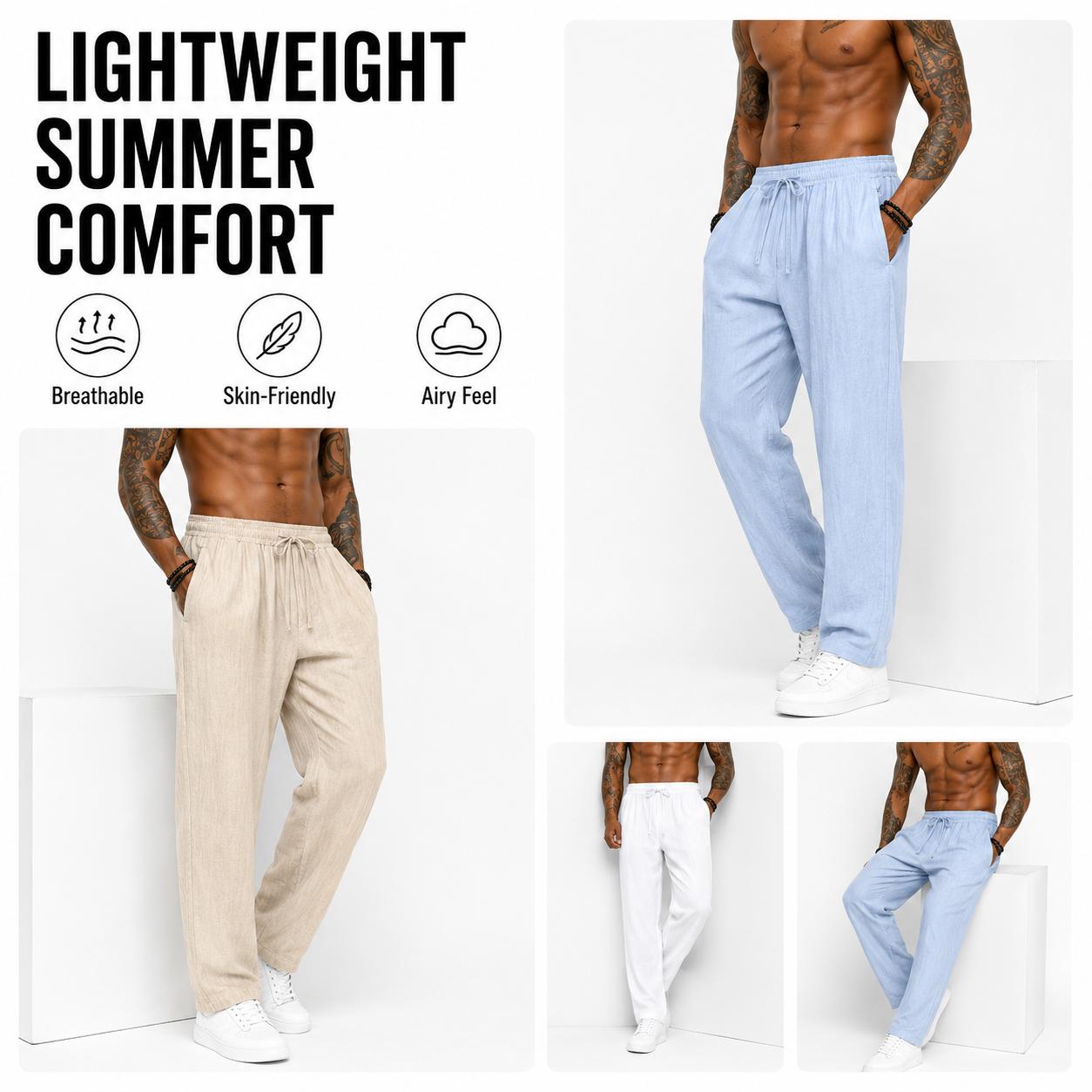 3-pack men&rsquo;s casual pants, 100% cotton-linen comfortable, soft, breathable, lightweight drawstring pants with pockets, suitable for summer everyday wear, sports, leisure, and outdoor beach activities.