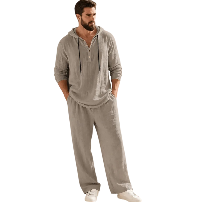 ⏰Clearance Sale⚡10-Sets Only €39.99 ⚡ Two-Piece Linen Set with Hooded Henley Top and Relaxed Trousers