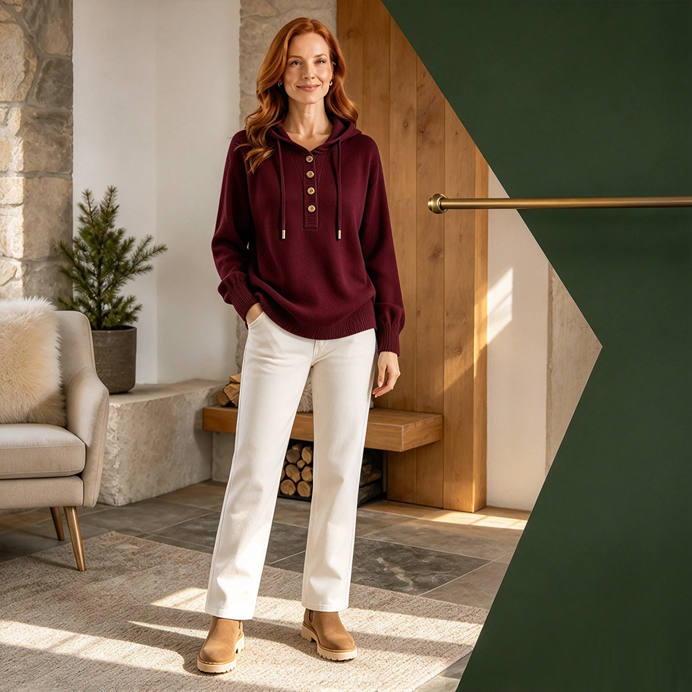 Women's Relaxed Button-Placket Knit Hoodie