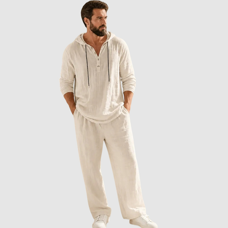 ⏰Clearance Sale⚡10-Sets Only €39.99 ⚡ Two-Piece Linen Set with Hooded Henley Top and Relaxed Trousers