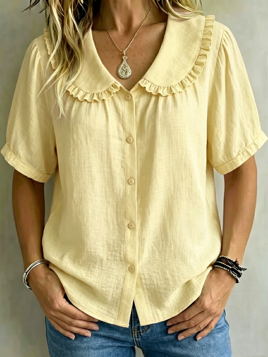 8 Pack Only$32.99-🔥 Women's Ruffle Trim Collared Button-Up Short Sleeve Shirt