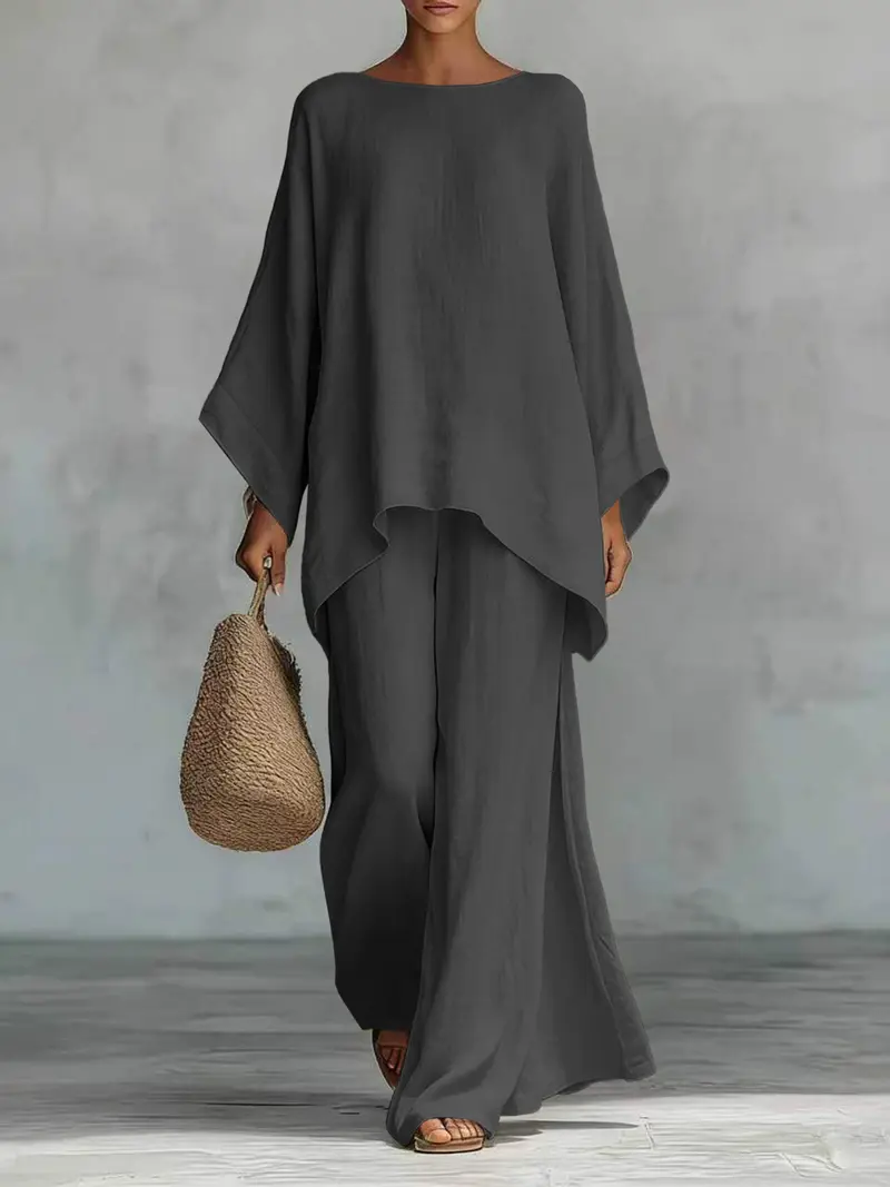 Women's Casual Linen Blend Two-Piece Lounge Set – Oversized Batwing Top & Wide Leg Pants