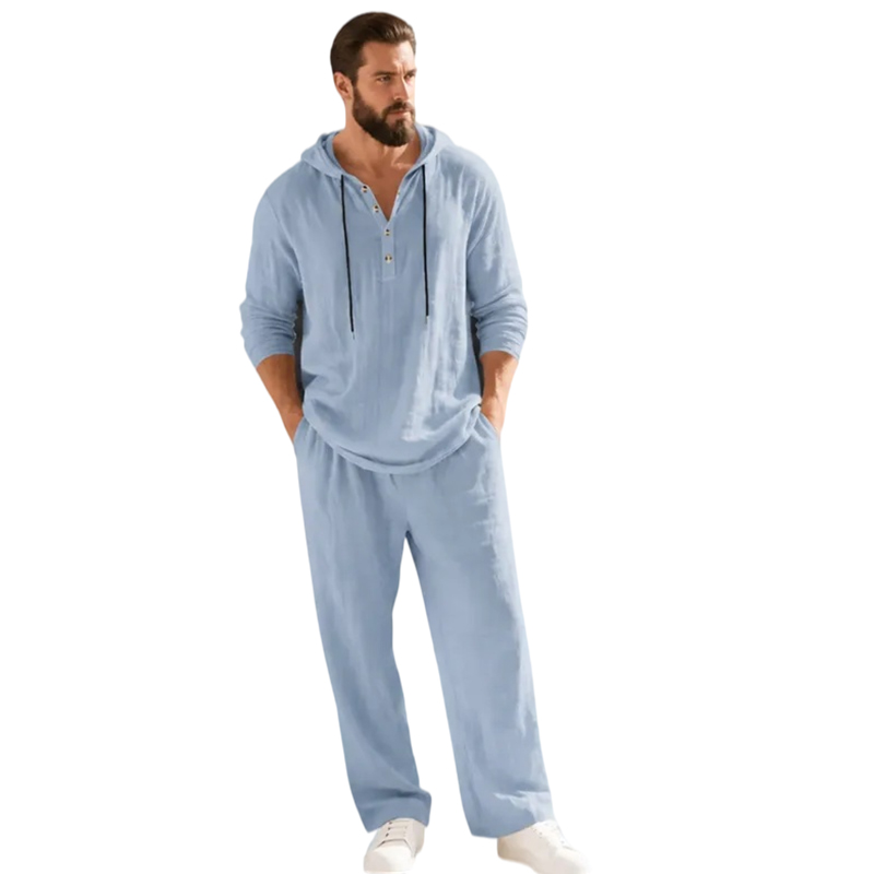 ⏰Clearance Sale⚡10-Sets Only €39.99 ⚡ Two-Piece Linen Set with Hooded Henley Top and Relaxed Trousers