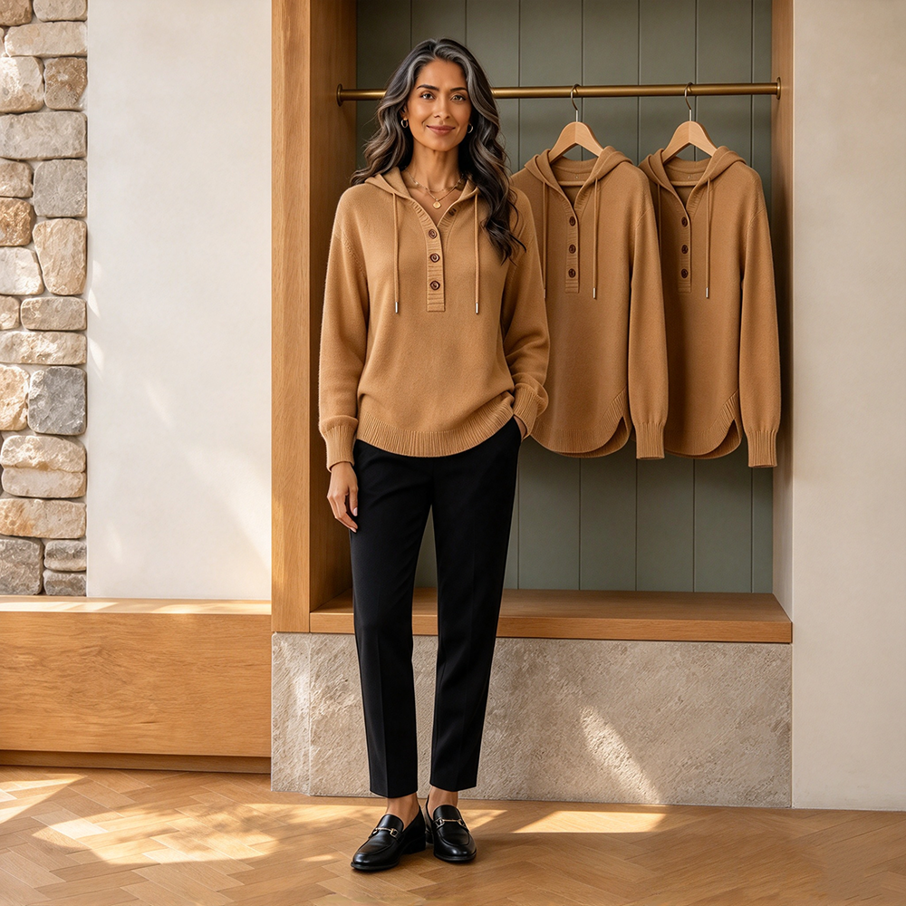 Women's Relaxed Button-Placket Knit Hoodie