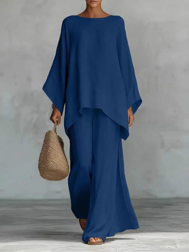 Women's Casual Linen Blend Two-Piece Lounge Set – Oversized Batwing Top & Wide Leg Pants