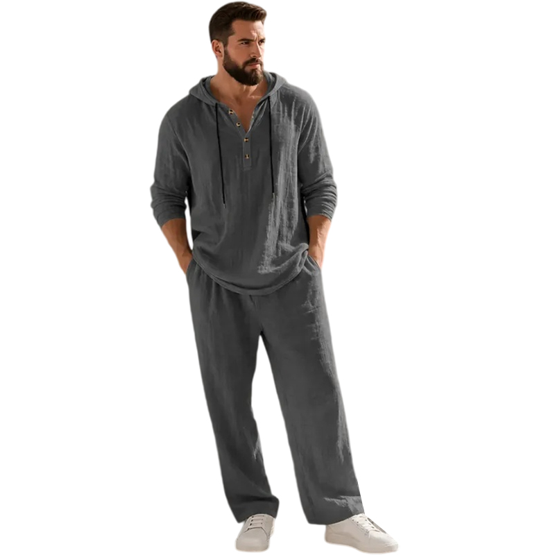 ⏰Clearance Sale⚡10-Sets Only €39.99 ⚡ Two-Piece Linen Set with Hooded Henley Top and Relaxed Trousers