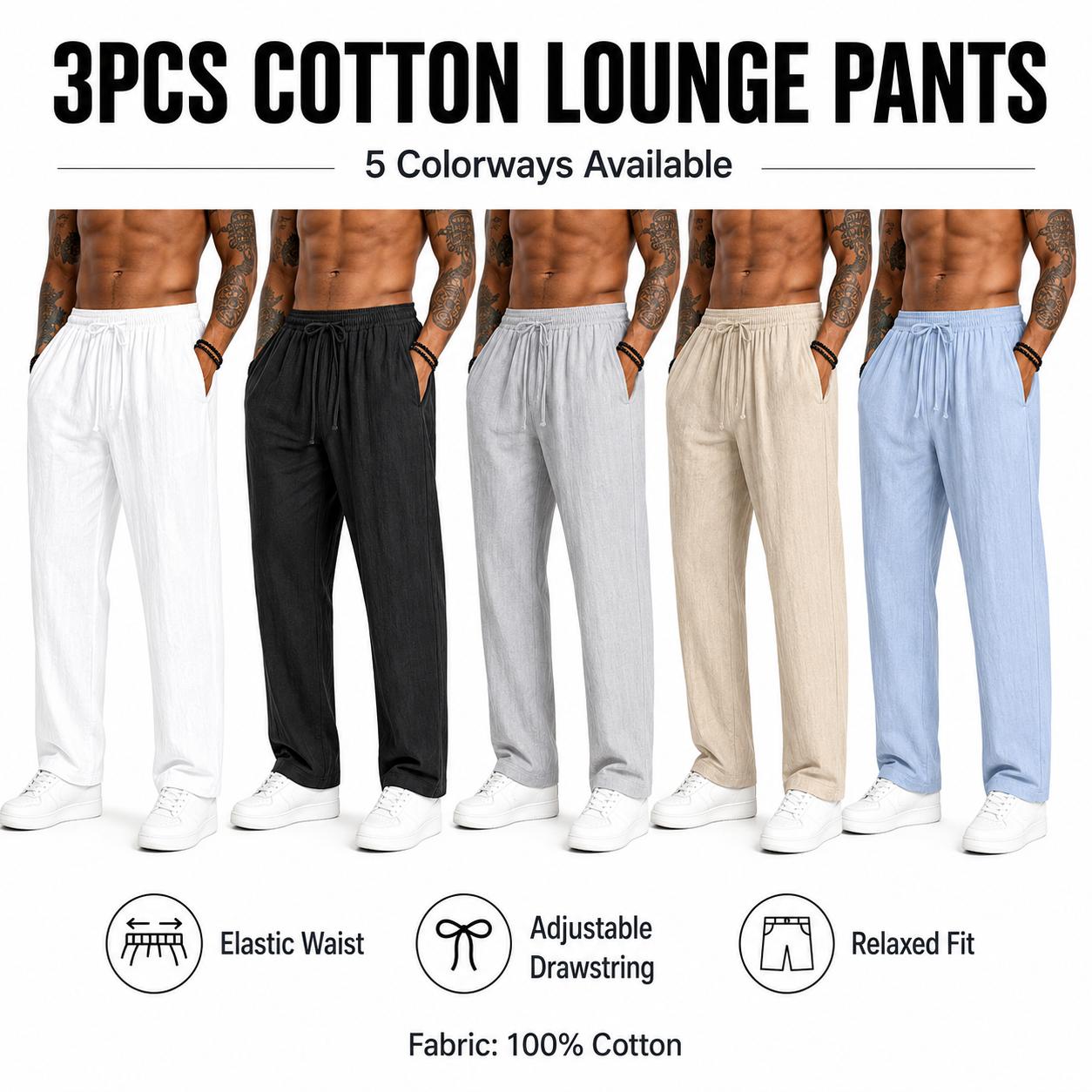 3-pack men&rsquo;s casual pants, 100% cotton-linen comfortable, soft, breathable, lightweight drawstring pants with pockets, suitable for summer everyday wear, sports, leisure, and outdoor beach activities.