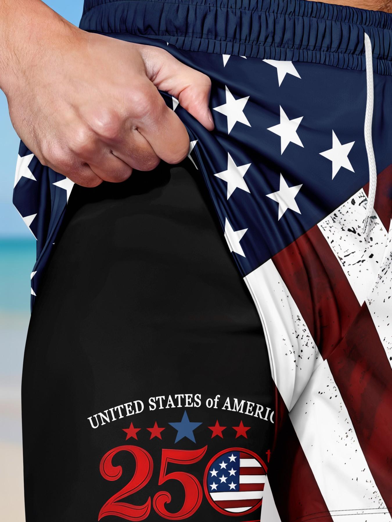 Men's Two-In-One Quick-Dry Beach Shorts, Beach Trunks, Usa 250th Anniversary Flag Print, Drawstring Casual Summer Shorts, Loose-Fitting, Graphic Pattern Men's Two-In-One Quick-Dry Beach Shorts, Beach Trunks, Usa 250th Anniversary Flag Print, Drawstring Casual Summer Shorts, Loose-Fitting, Graphic Pattern