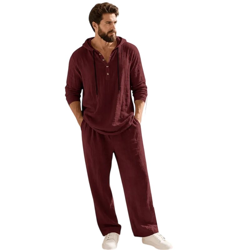 ⏰Clearance Sale⚡10-Sets Only €39.99 ⚡ Two-Piece Linen Set with Hooded Henley Top and Relaxed Trousers