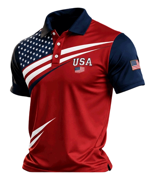 Men's Retro Patriotic Color-Block Short-Sleeve Polo Shirt
