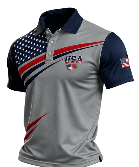 Men's Retro Patriotic Color-Block Short-Sleeve Polo Shirt