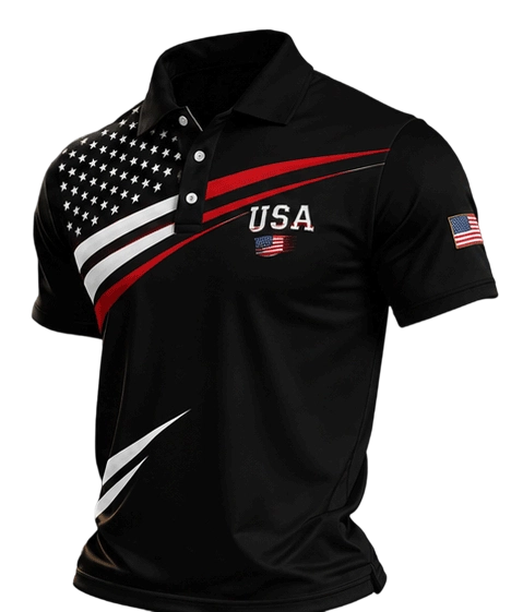 Men's Retro Patriotic Color-Block Short-Sleeve Polo Shirt