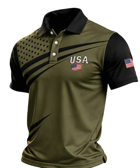 Men's Retro Patriotic Color-Block Short-Sleeve Polo Shirt