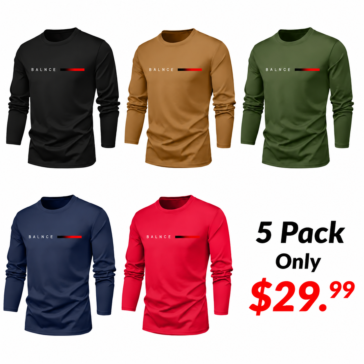 Men's Long Sleeve Casual Crew Neck T-Shirt | 5 Pack Lightweight Everyday Basic Tee