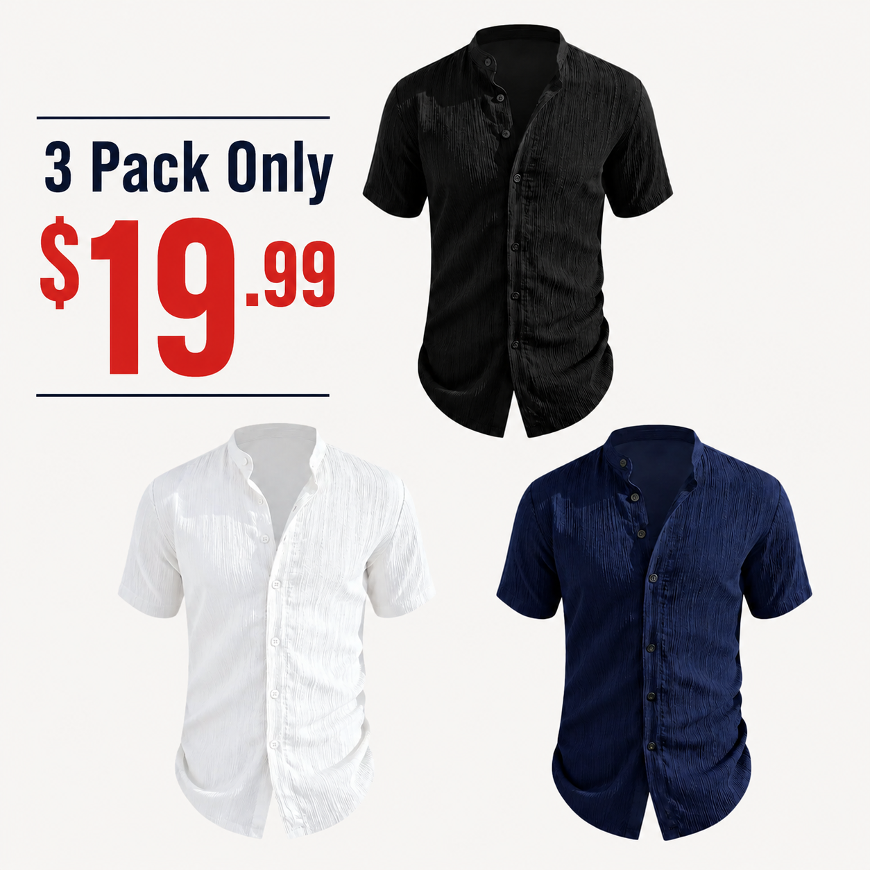 3 Pack Men's Textured Henley Shirts | Lightweight Casual Summer Short Sleeve Button Tops