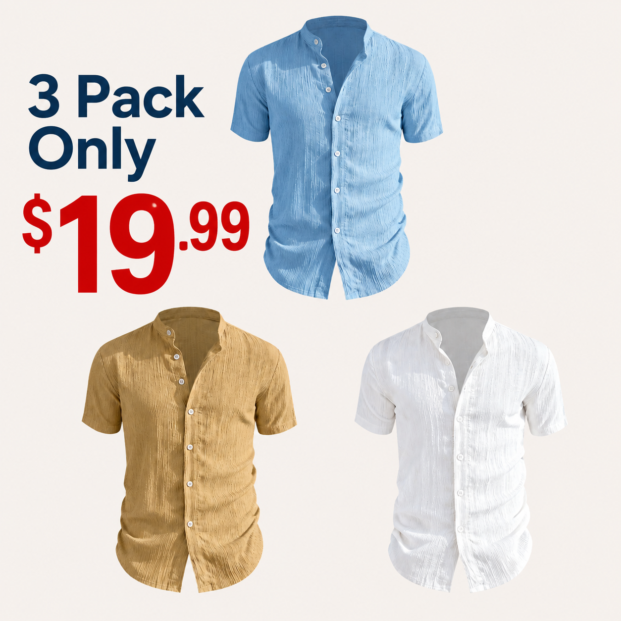 3 Pack Men's Textured Henley Shirts | Lightweight Casual Summer Short Sleeve Button Tops