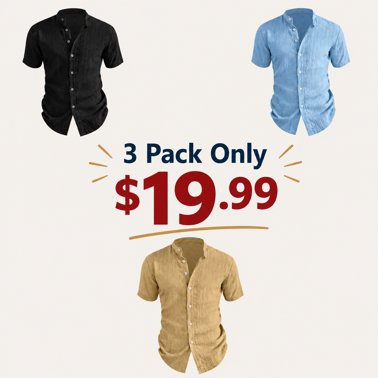 3 Pack Men's Textured Henley Shirts | Lightweight Casual Summer Short Sleeve Button Tops