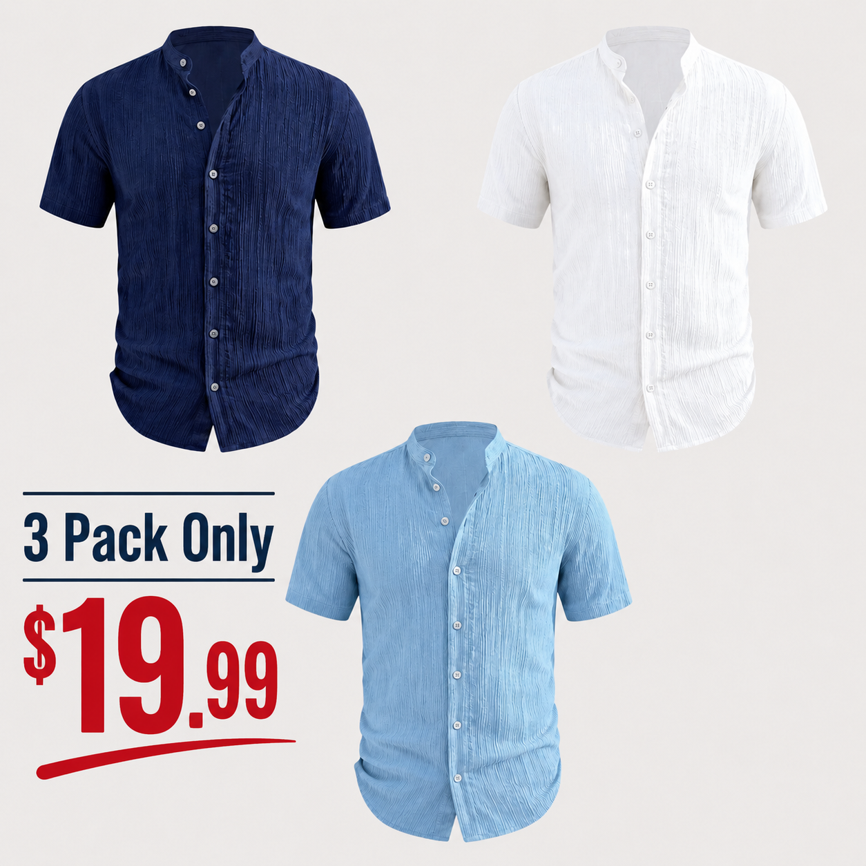 3 Pack Men's Textured Henley Shirts | Lightweight Casual Summer Short Sleeve Button Tops