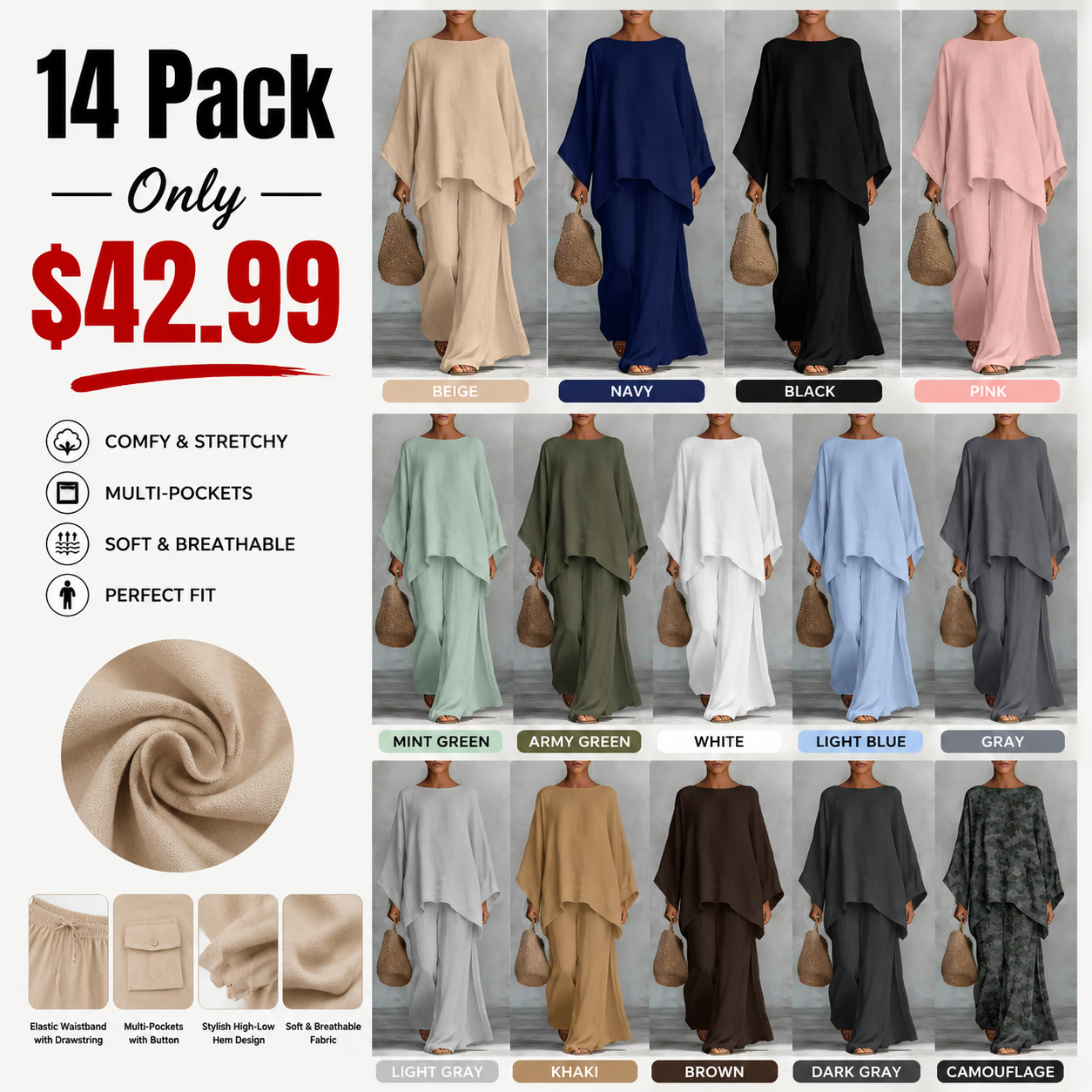 Women's Casual Linen Blend Two-Piece Lounge Set – Oversized Batwing Top & Wide Leg Pants