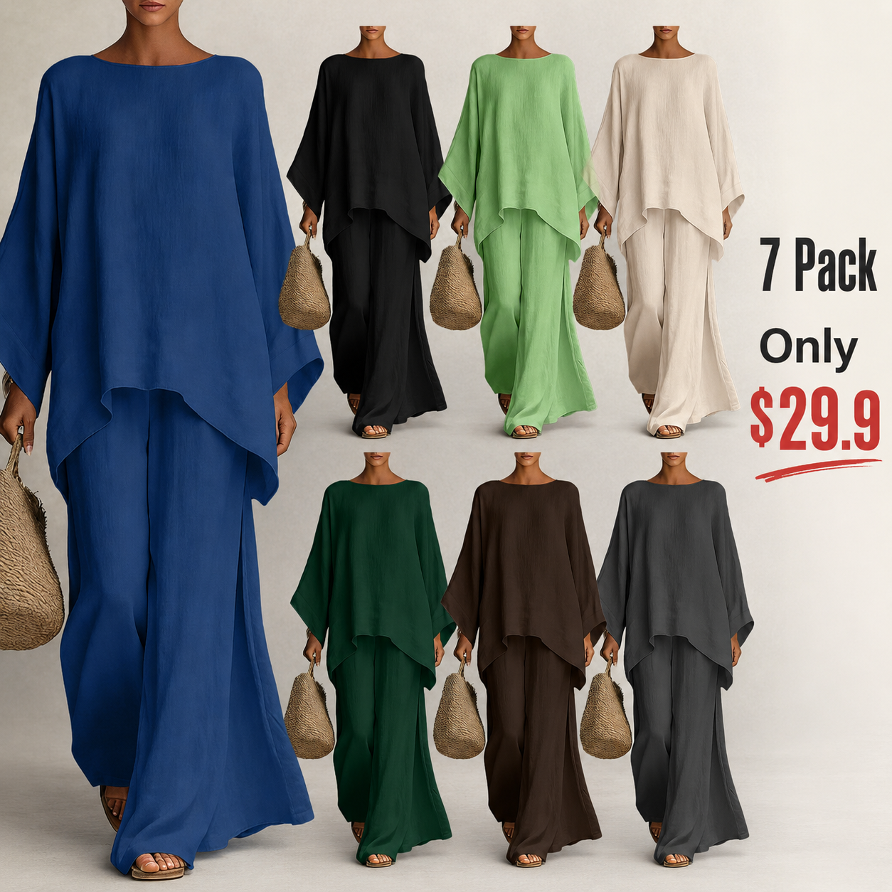 Women's Casual Linen Blend Two-Piece Lounge Set – Oversized Batwing Top & Wide Leg Pants