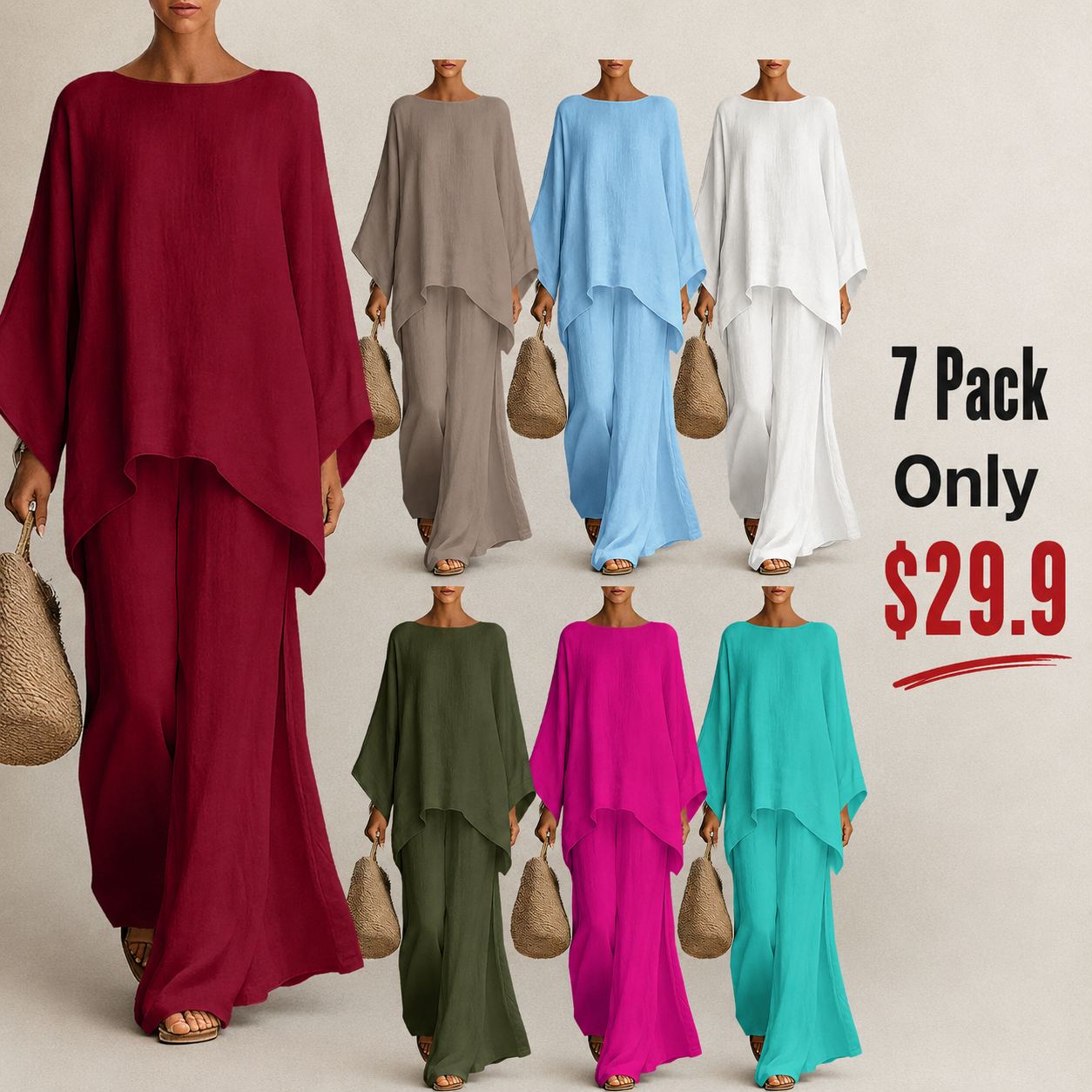 Women's Casual Linen Blend Two-Piece Lounge Set – Oversized Batwing Top & Wide Leg Pants