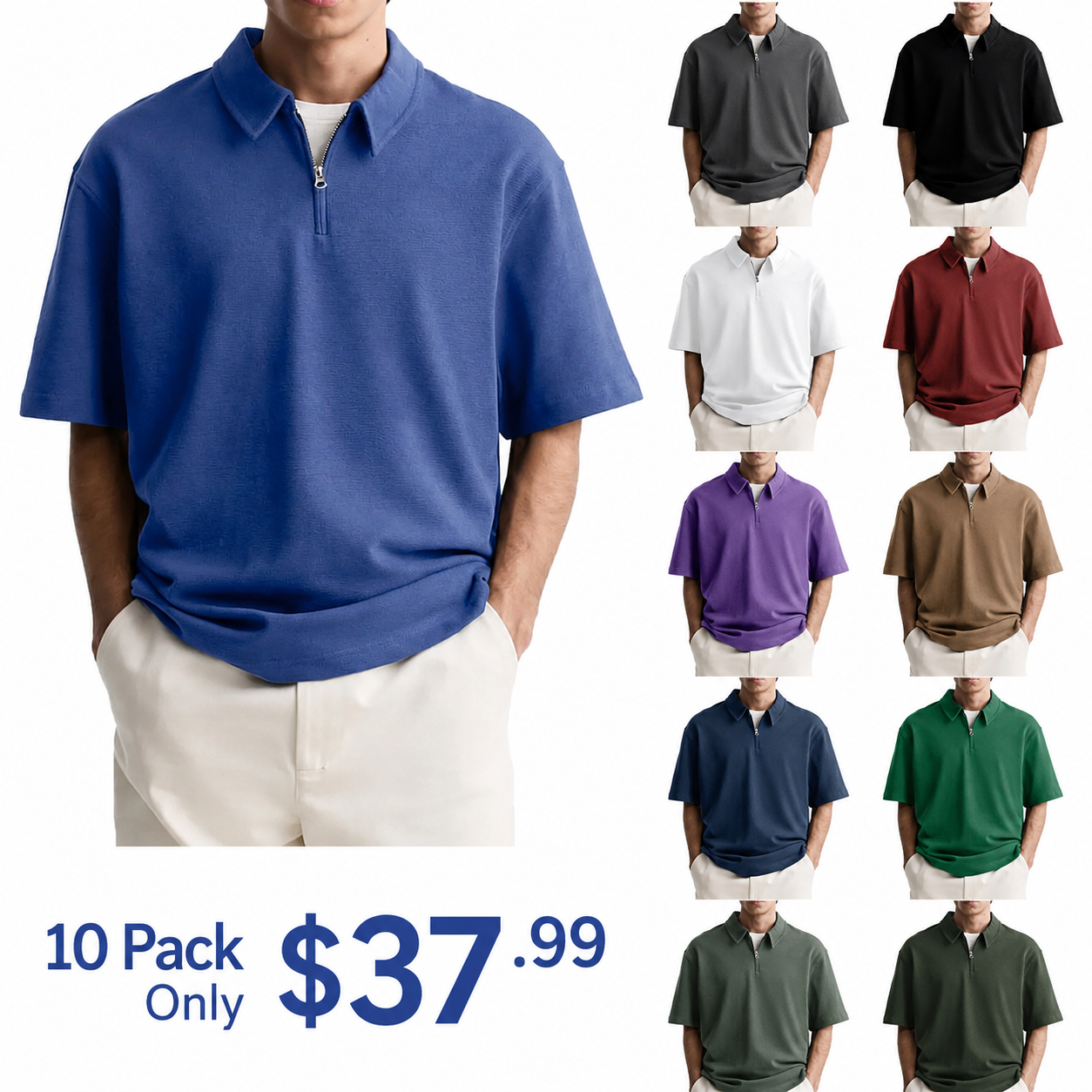 Men's Casual Basic Zipper Short Sleeve Polo Shirt