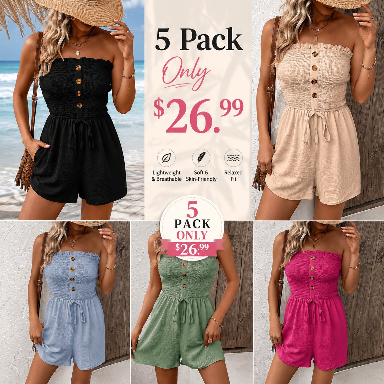 Women's Strapless Smocked Button Front Romper – Casual Summer Tube Jumpsuit with Drawstring Waist & Pockets