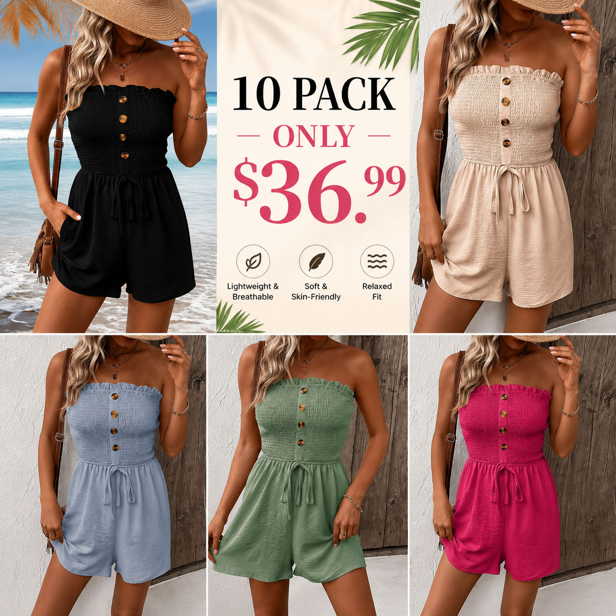 Women's Strapless Smocked Button Front Romper – Casual Summer Tube Jumpsuit with Drawstring Waist & Pockets