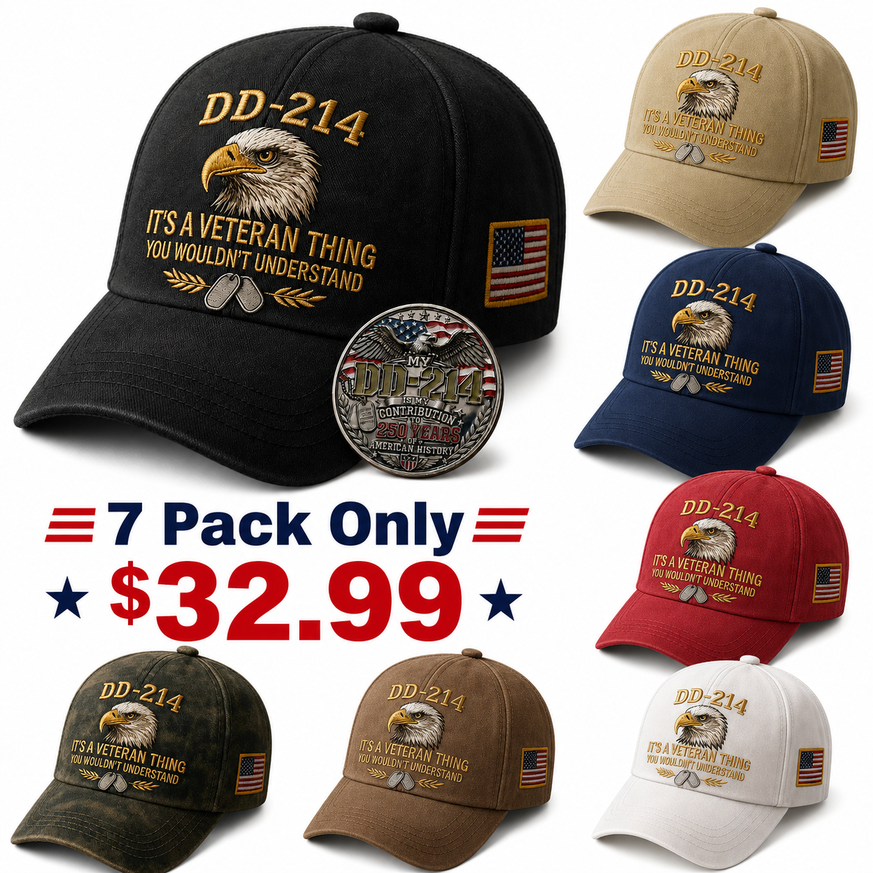 DD-214 Veteran 3D Embroidered Cap - “IT'S A VETERAN THING YOU WOULDN'T UNDERSTAND”🎁 Free Honor Coin With Every Cap Purchase