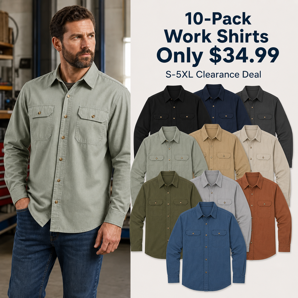 ⏰Clearance Sale⚡10-Pack for $34.99⚡Men’s Long Sleeve Work Shirts