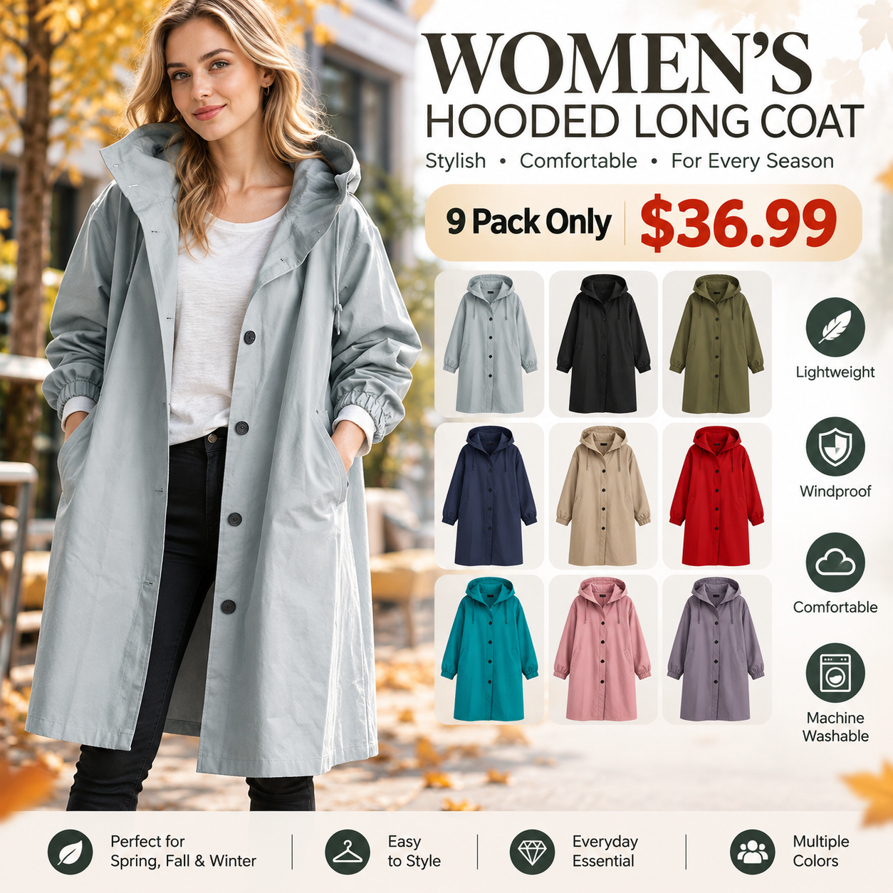 🔥Women’s Lightweight Hooded Long Jacket – Casual Hooded Coat with Pockets