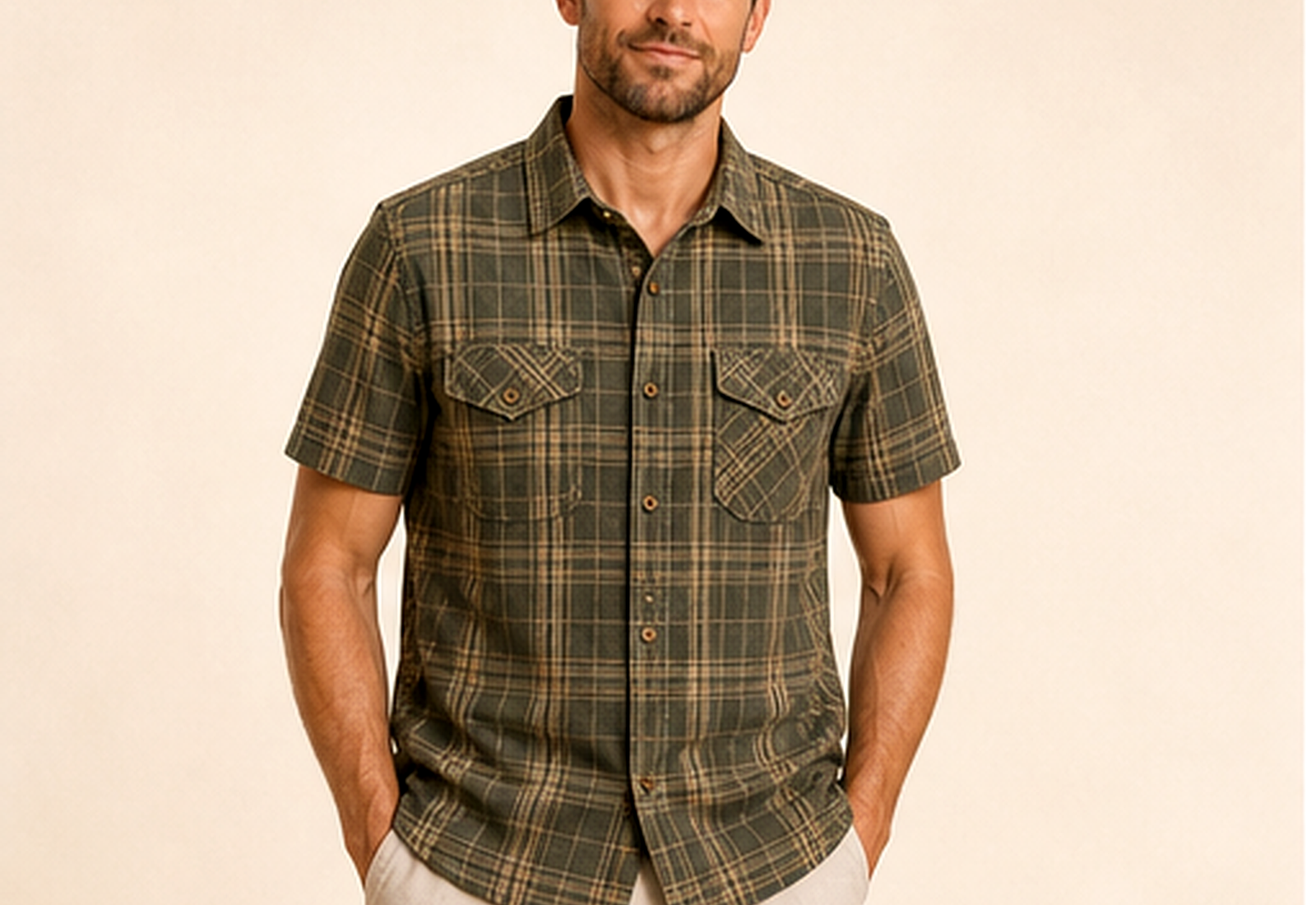 Men's Plaid Short Sleeve Utility Button-Up Shirt