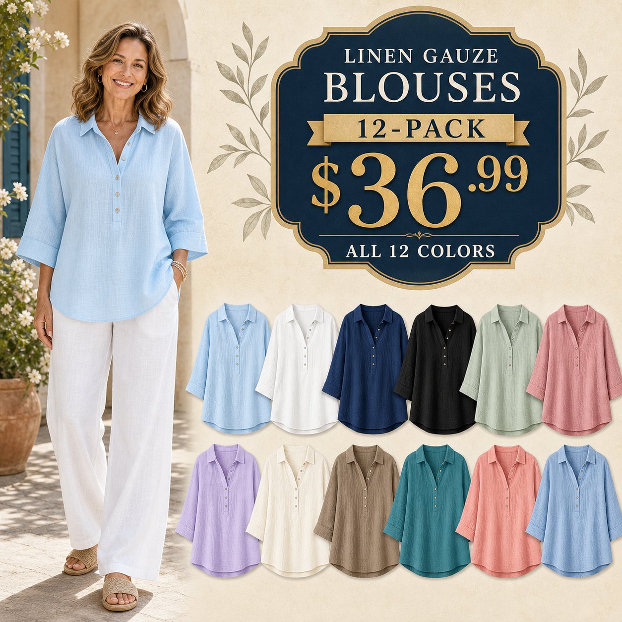 🥰12 Pack Only$36.99-Women's Linen-Gauze Button Placket Collared Blouses