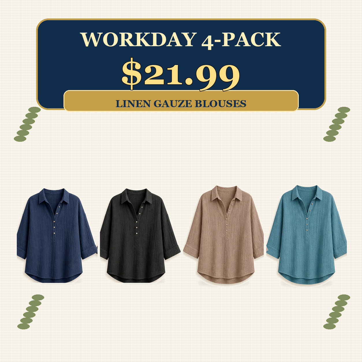 🥰12 Pack Only$36.99-Women's Linen-Gauze Button Placket Collared Blouses