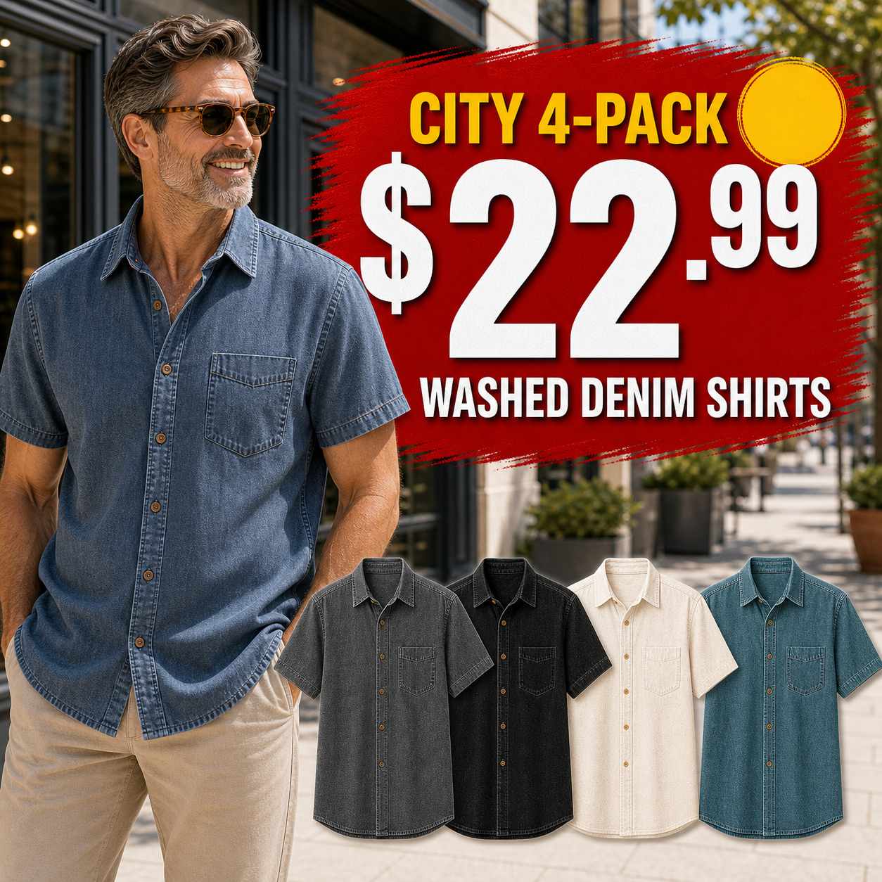 Men's Short Sleeve Washed Denim Button-Up Shirts