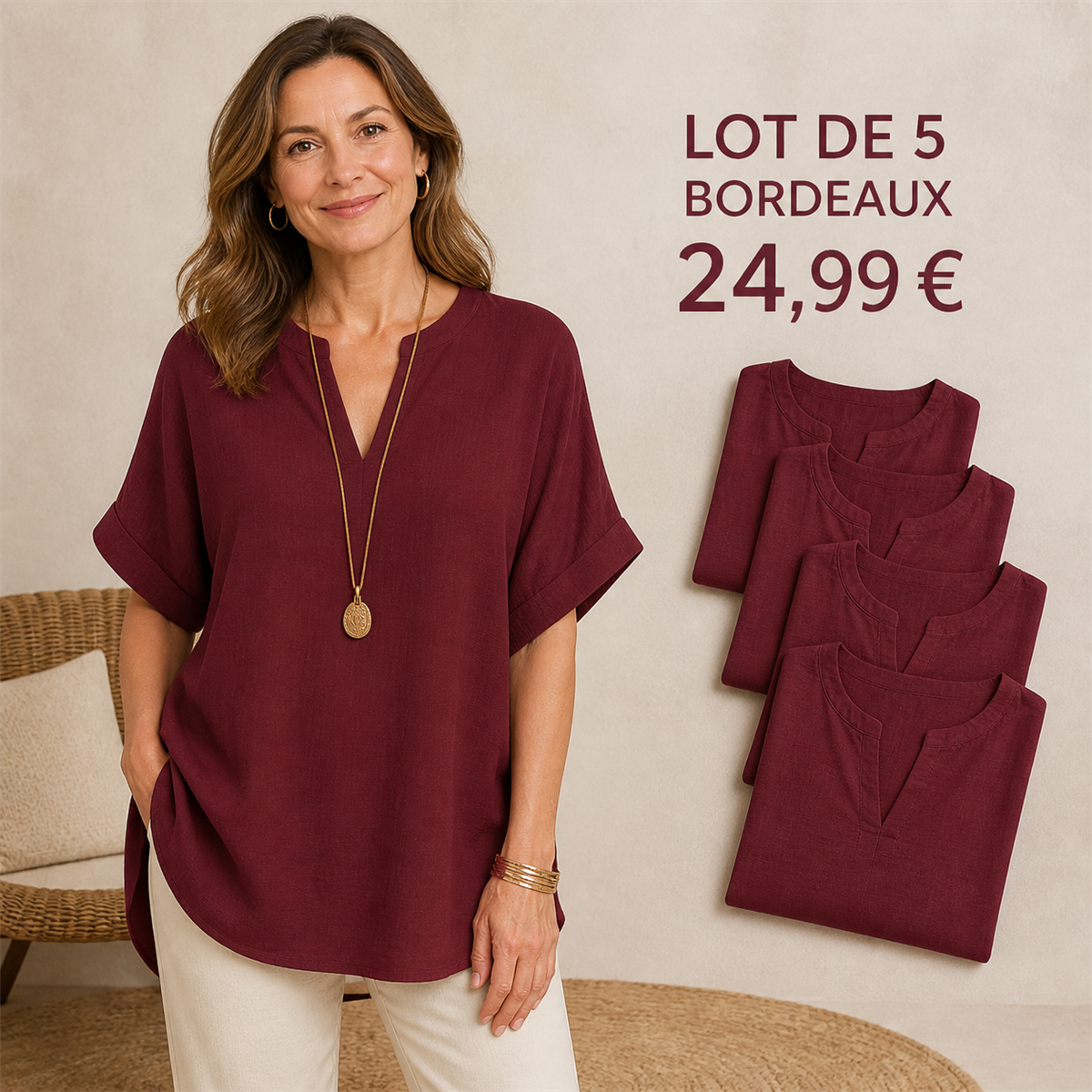 🔥Color Special⚡10-Pack for Only €34.99⚡Women’s Loose-Fit Cotton-Linen Short-Sleeve Top with V-Neck and Rounded Hem.