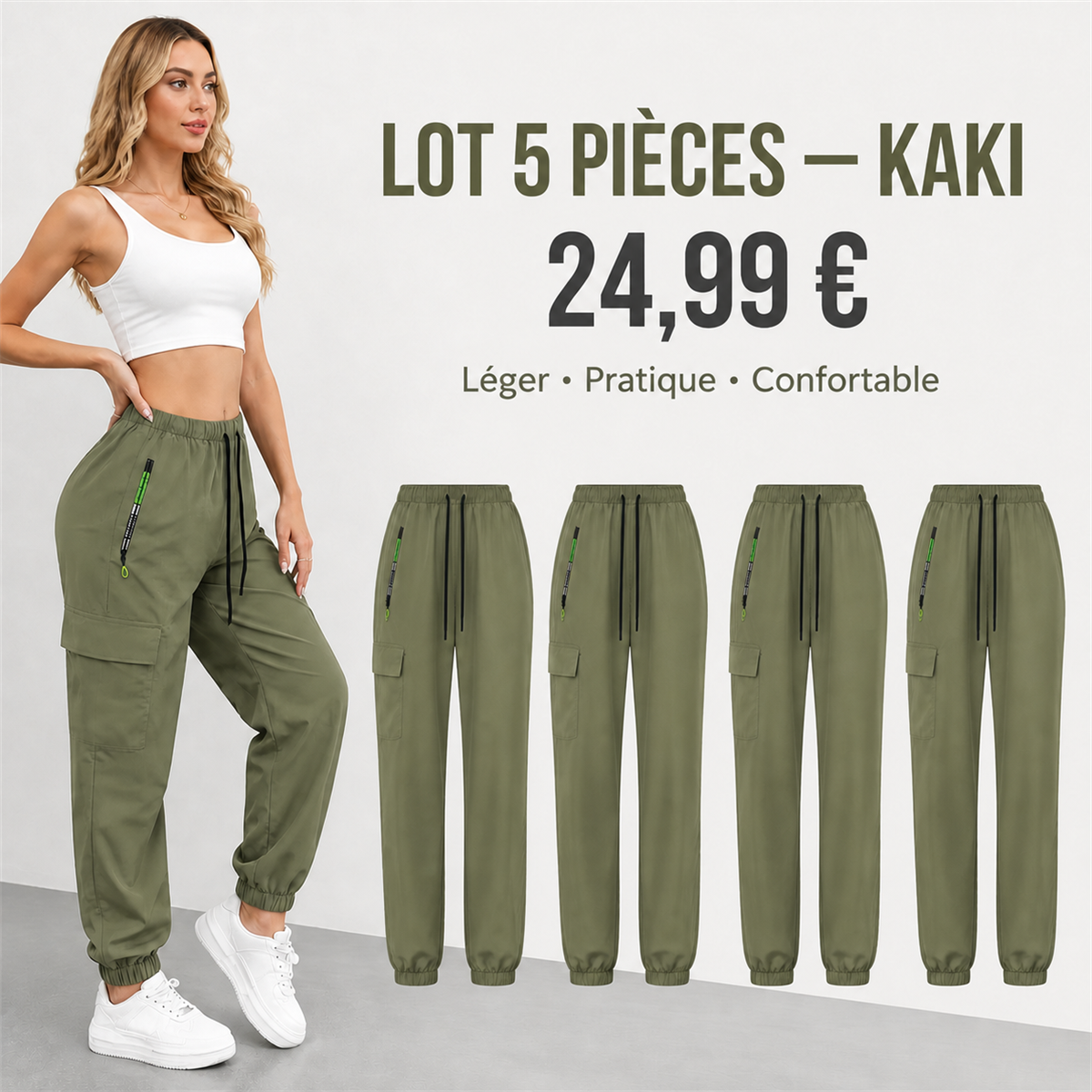 Offre en lot - Pantalon cargo leger femme a chevilles elastiquees