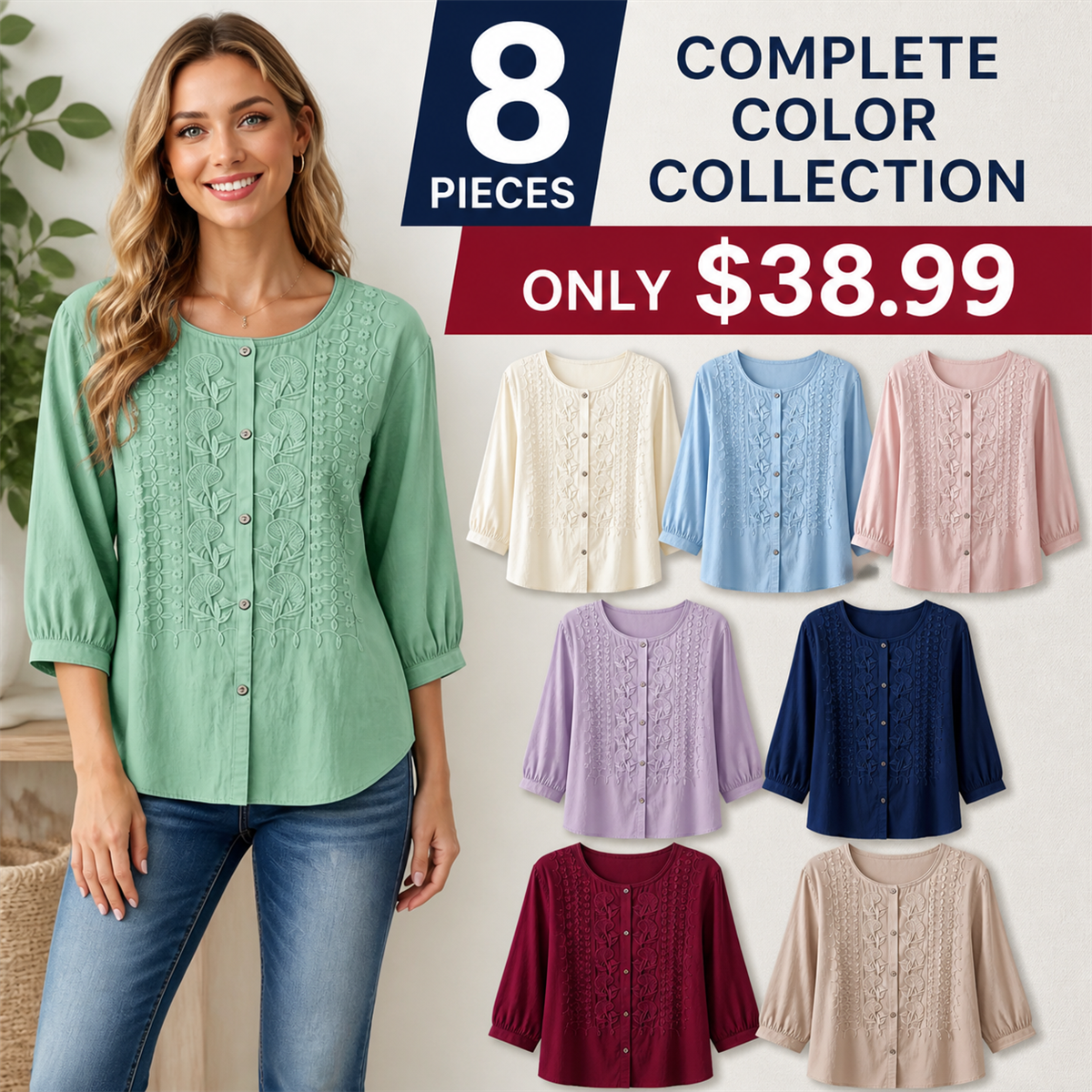 Women's Embroidered Button-Front Three-Quarter-Sleeve Blouse - 8-Piece Complete Color Collection - $38.99
