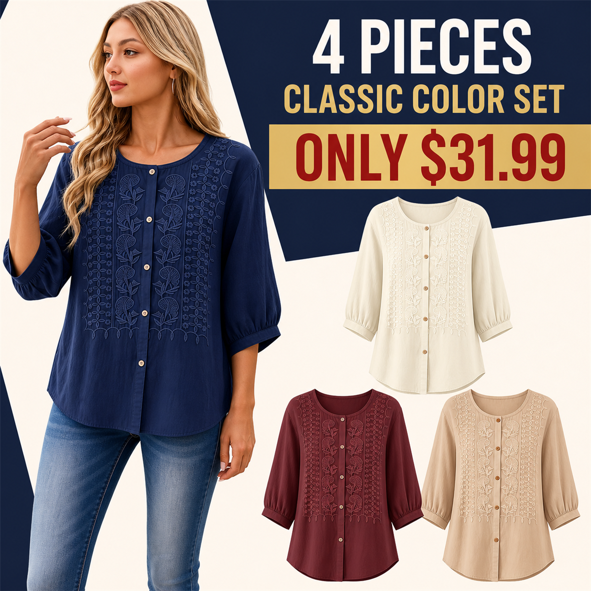 Women's Embroidered Button-Front Three-Quarter-Sleeve Blouse - 4-Piece Classic Color Set - $31.99