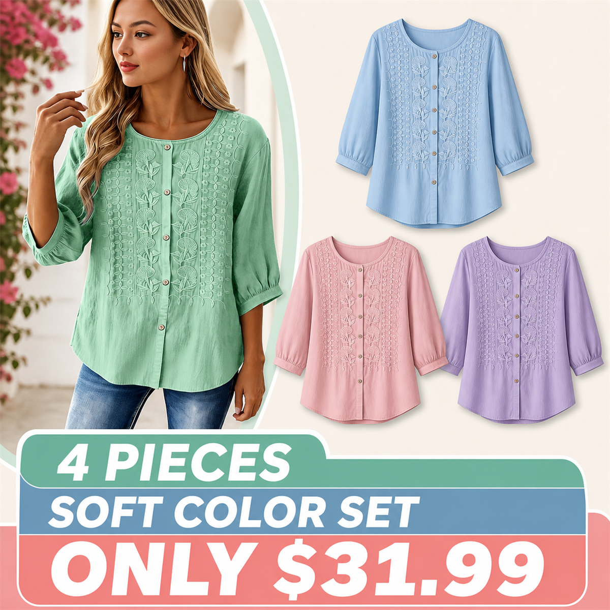 Women's Embroidered Button-Front Three-Quarter-Sleeve Blouse - 4-Piece Soft Color Set - $31.99