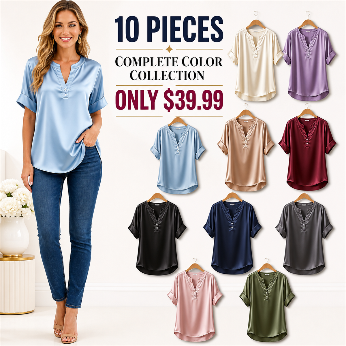 Women's Satin-Look Notch-Neck Short-Sleeve Blouse - 10-Piece Complete Color Collection - $39.99