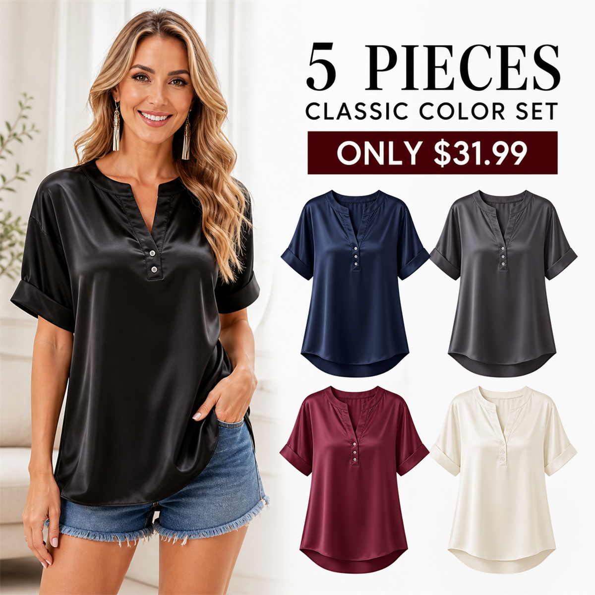 Women's Satin-Look Notch-Neck Short-Sleeve Blouse - 5-Piece Classic Color Set - $31.99