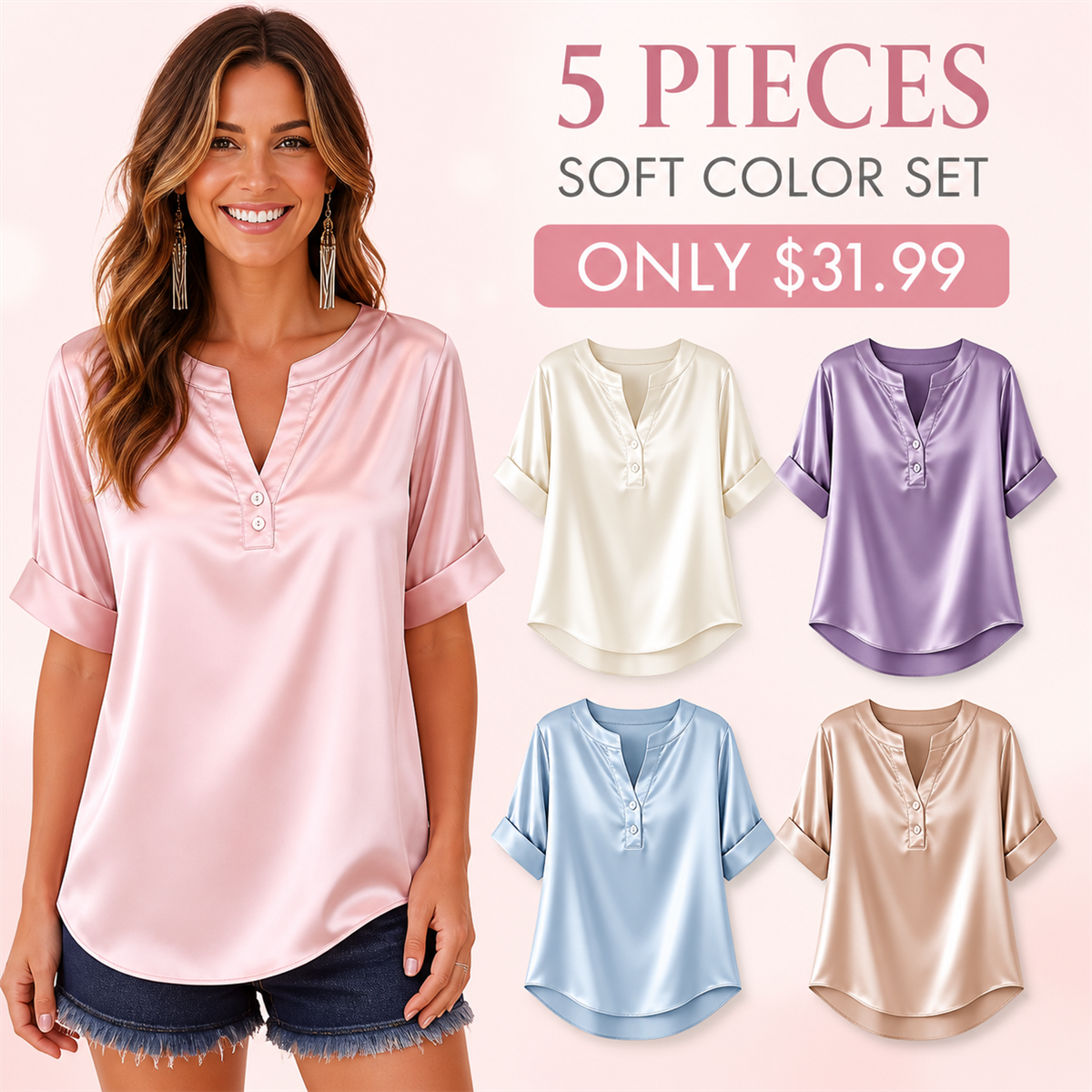 Women's Satin-Look Notch-Neck Short-Sleeve Blouse - 5-Piece Soft Color Set - $31.99