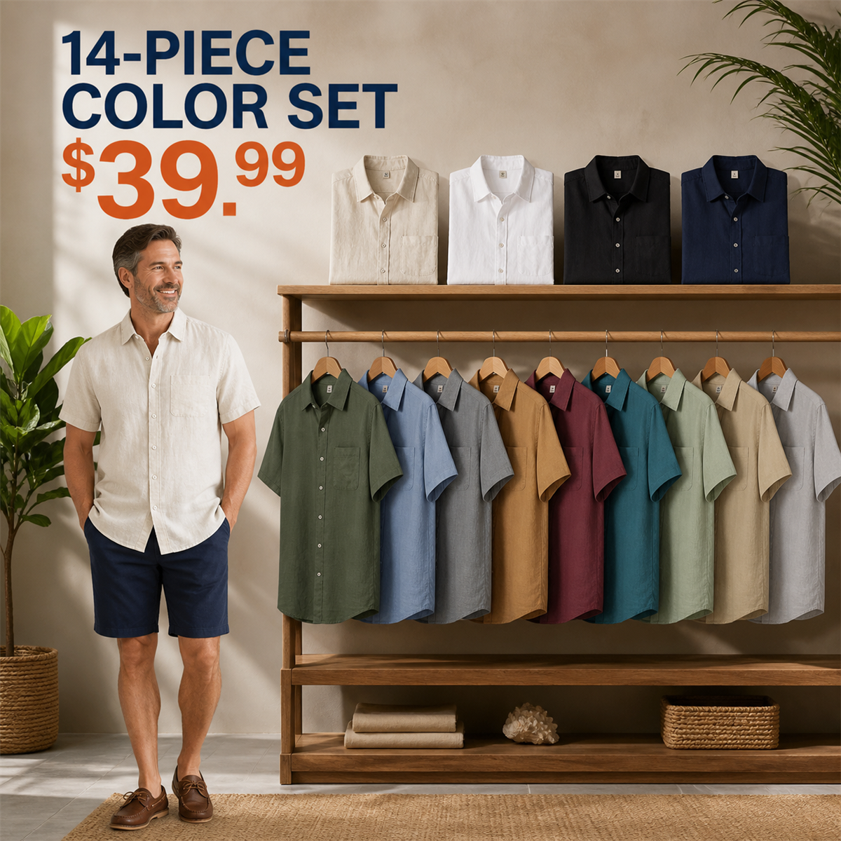 Men's Relaxed Linen-Look Short-Sleeve Button-Front Shirt - 14-Piece Complete Color Collection - $39.99