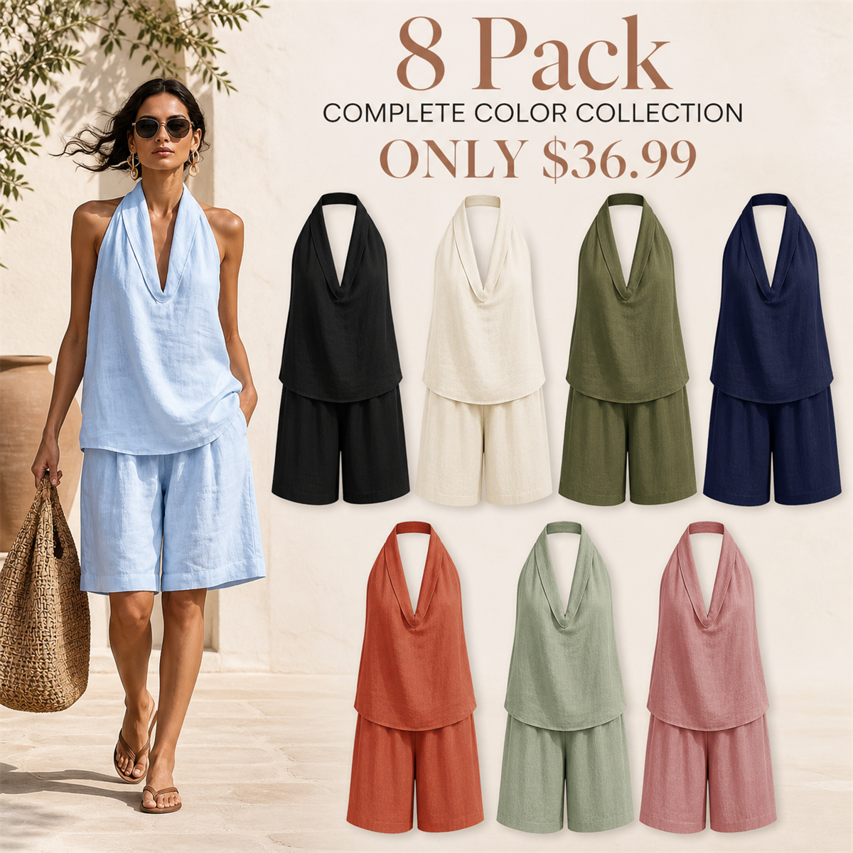Women's Relaxed Halter-Neck Sleeveless Top and Knee-Length Shorts Set - 8-Piece Complete Color Collection - $36.99